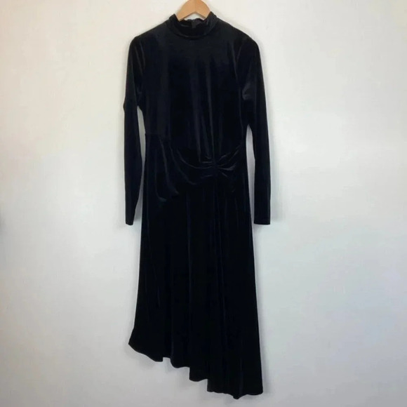 Halston Bell Long Sleeve Velvet Cocktail Dress Mock Neck Asymmetrical Hem - Picture 4 of 11